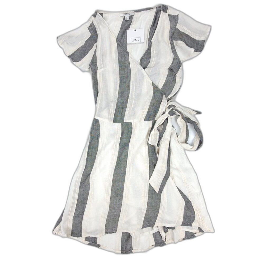 NWT O'Neill Maureen Boho Flutter Sleeve Mini Wrap Dress Gray Cream Stripe XL